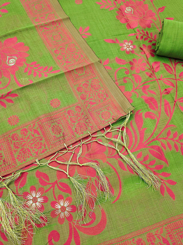 Pista-Green Muga Cotton Woven Design Unstitched Dress Material