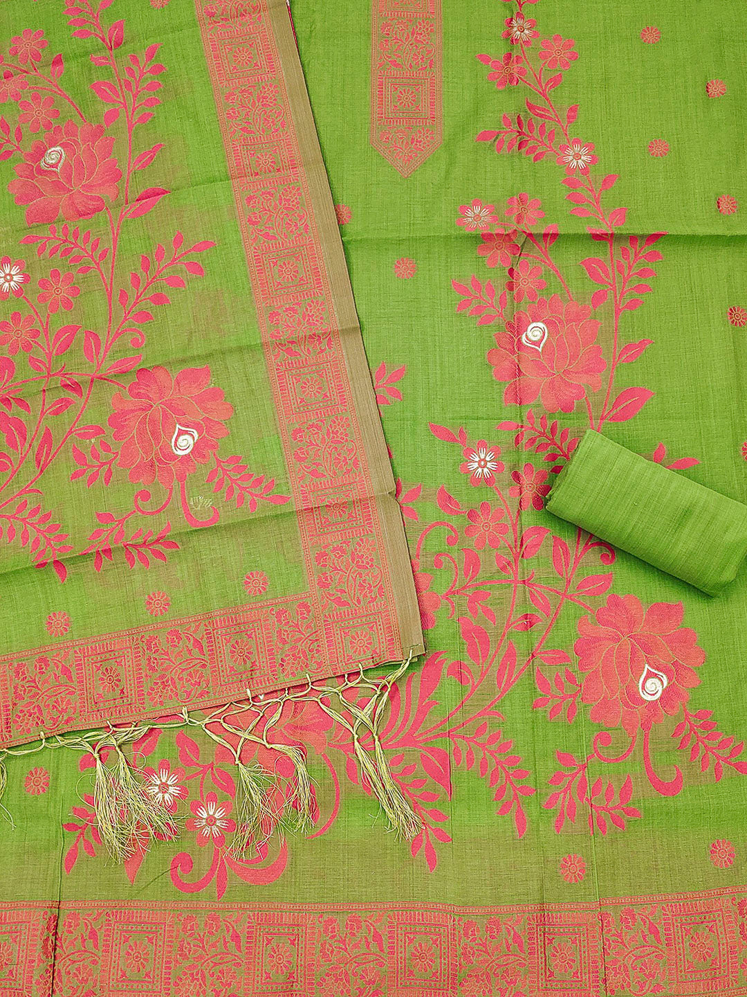 Pista-Green Muga Cotton Woven Design Unstitched Dress Material