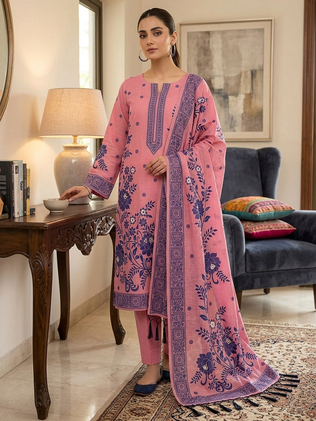 Pink Muga Cotton Woven Design Unstitched Dress Material