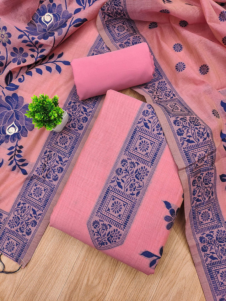 Pink Muga Cotton Woven Design Unstitched Dress Material