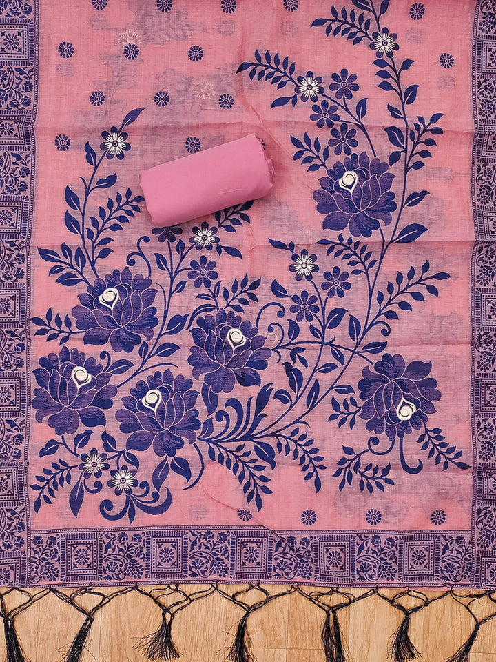 Pink Muga Cotton Woven Design Unstitched Dress Material