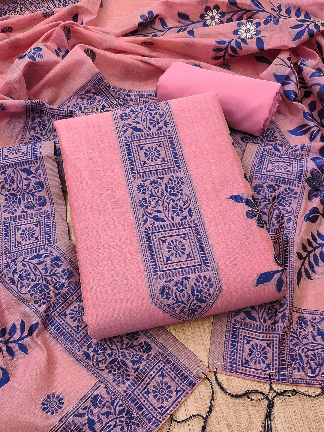 Pink Muga Cotton Woven Design Unstitched Dress Material