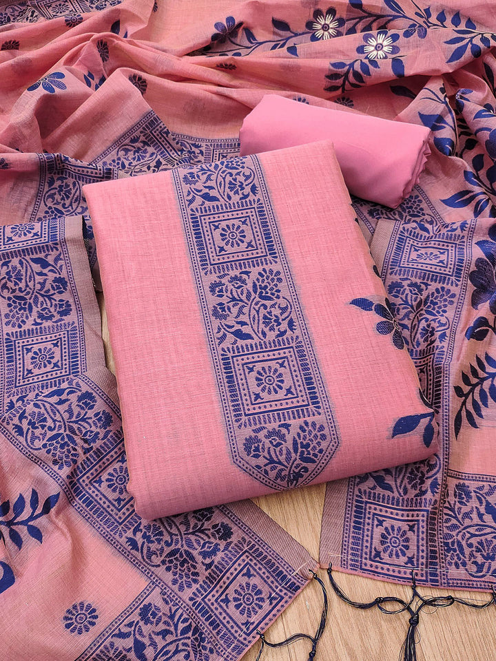 Pink Muga Cotton Woven Design Unstitched Dress Material
