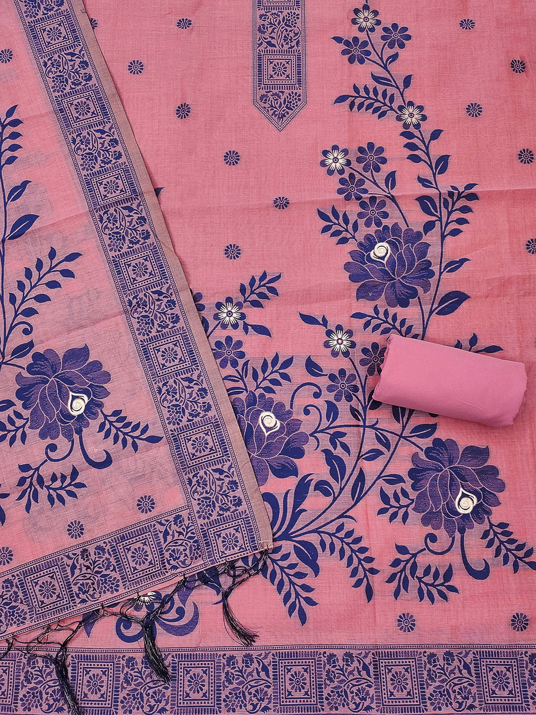 Pink Muga Cotton Woven Design Unstitched Dress Material
