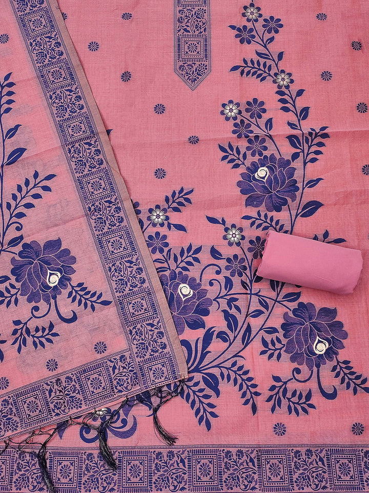 Pink Muga Cotton Woven Design Unstitched Dress Material