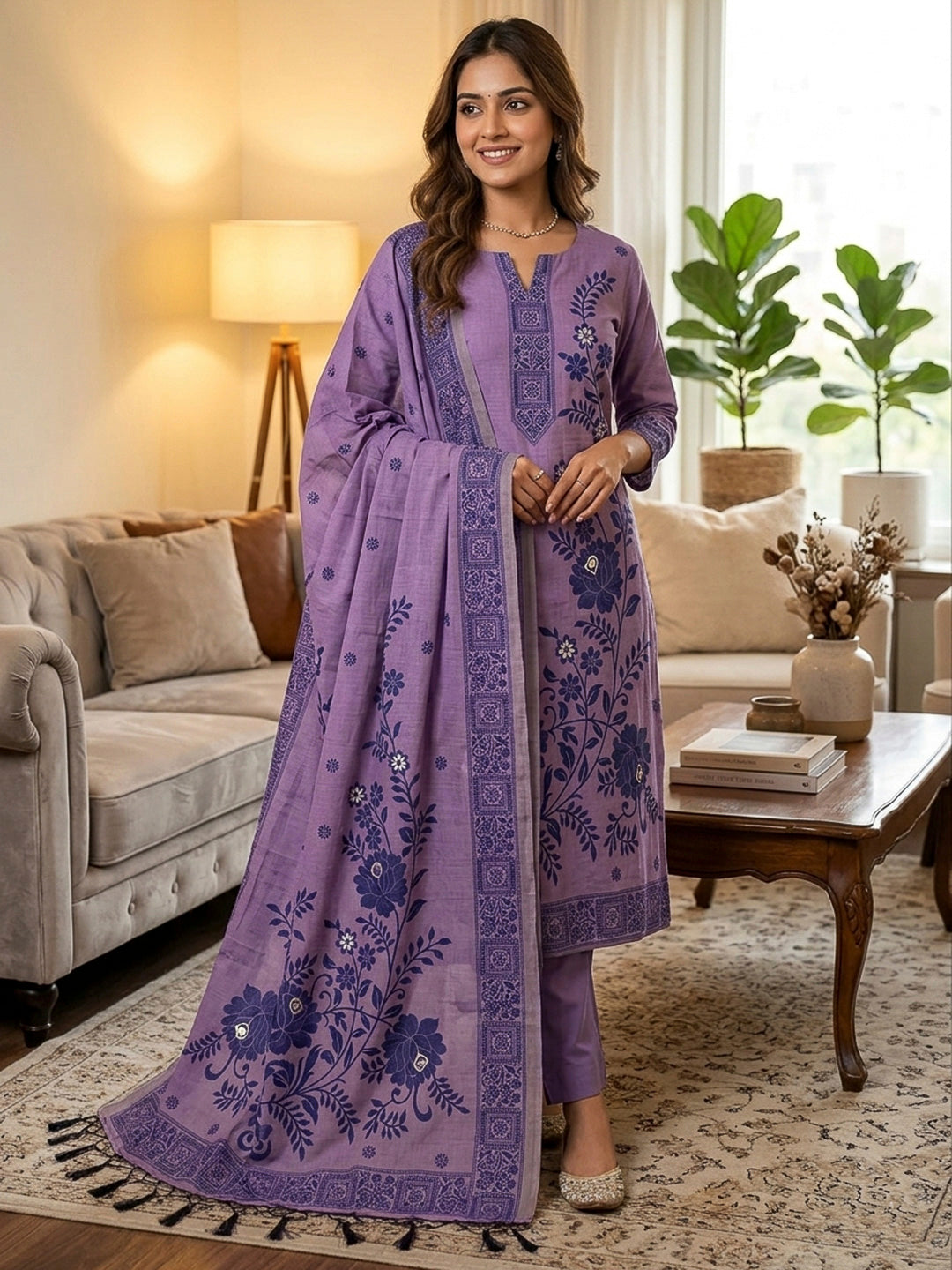 Purple Muga Cotton Woven Design Unstitched Dress Material