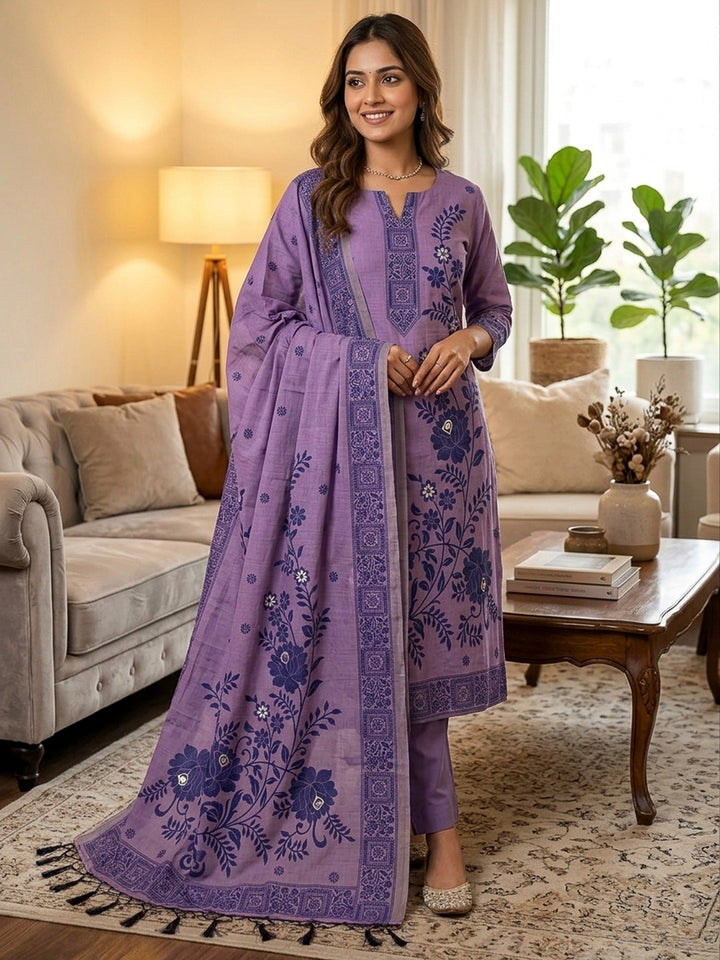 Purple Muga Cotton Woven Design Unstitched Dress Material