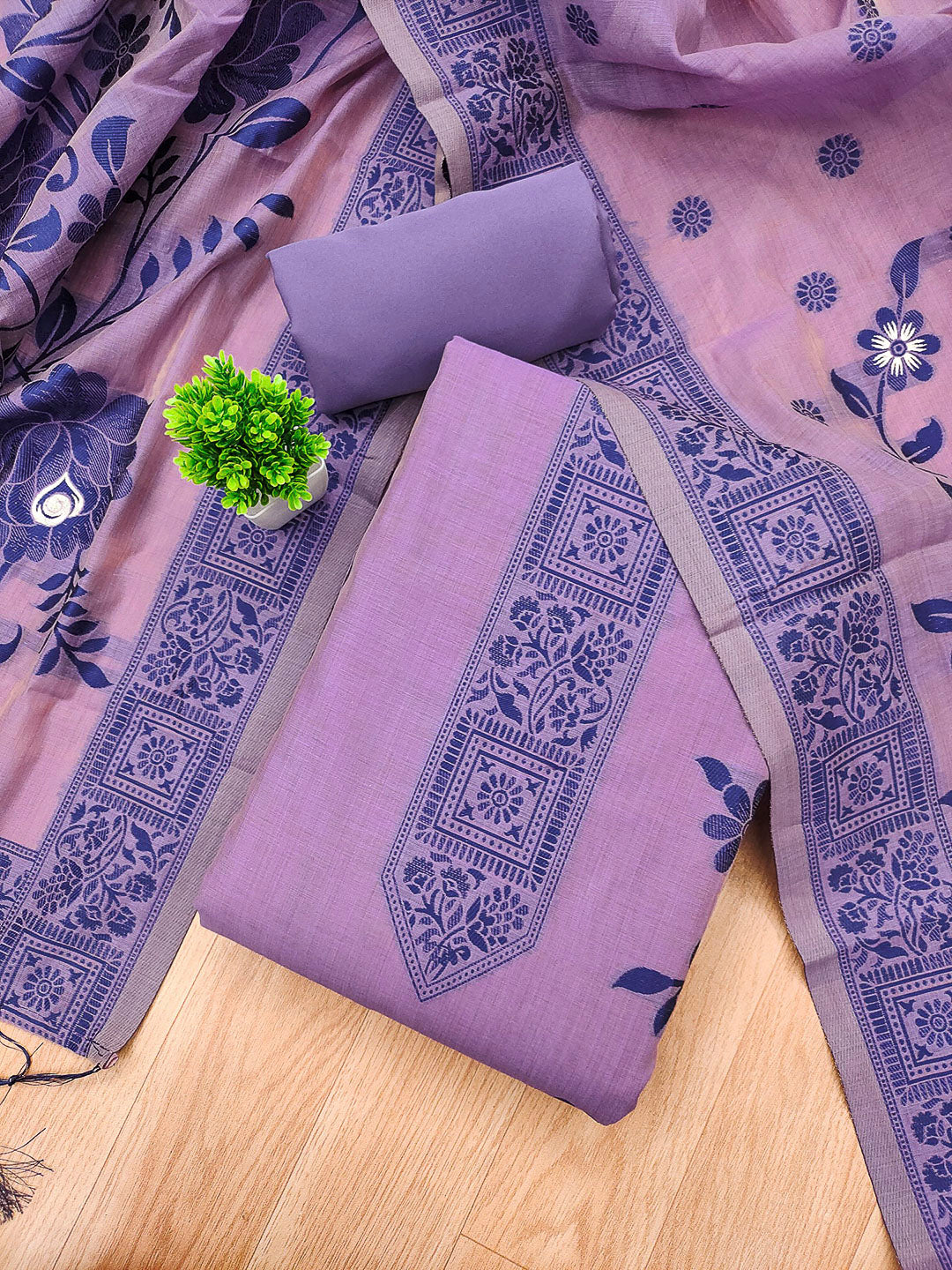 Purple Muga Cotton Woven Design Unstitched Dress Material
