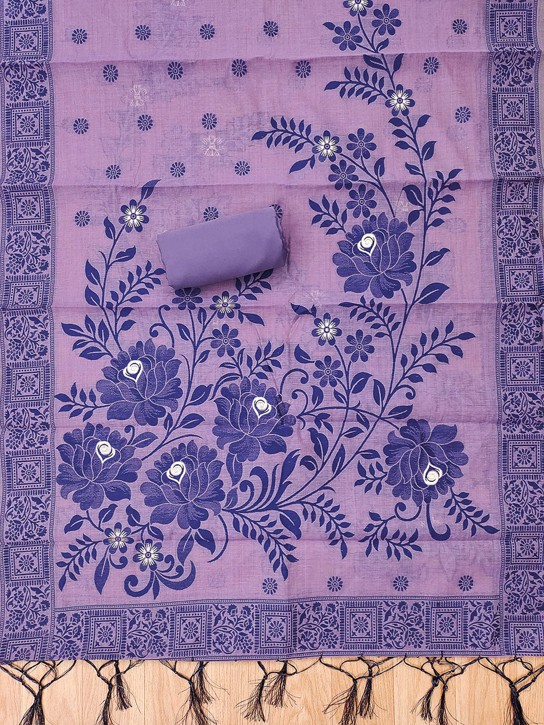 Purple Muga Cotton Woven Design Unstitched Dress Material