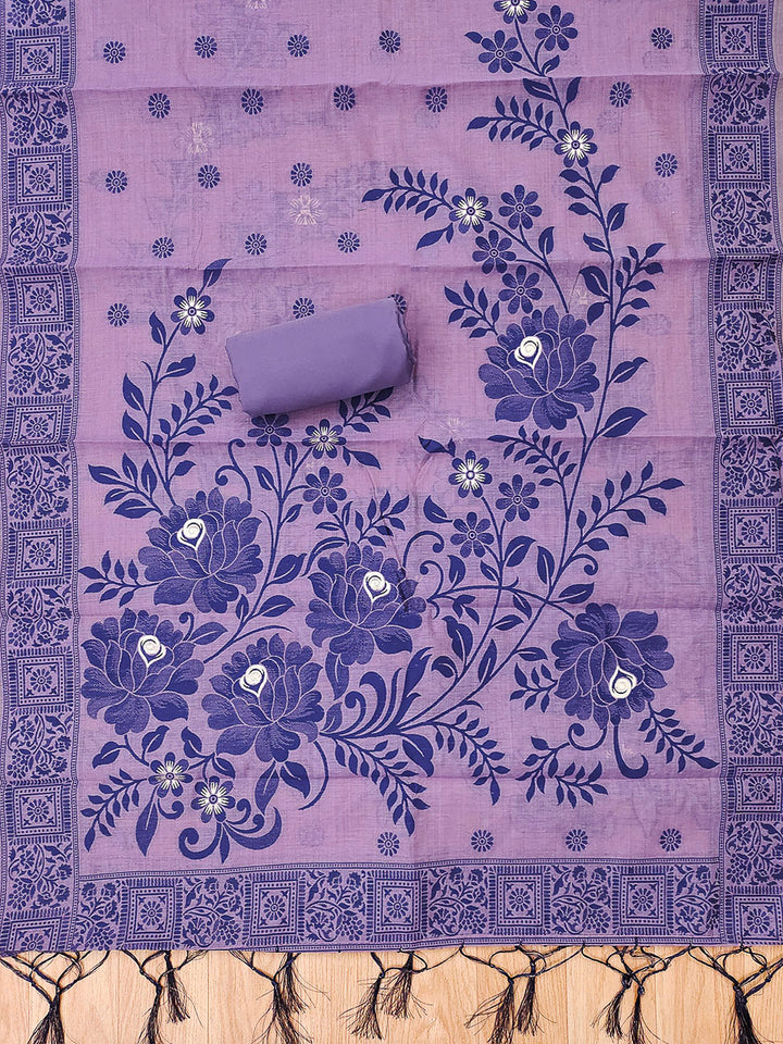 Purple Muga Cotton Woven Design Unstitched Dress Material