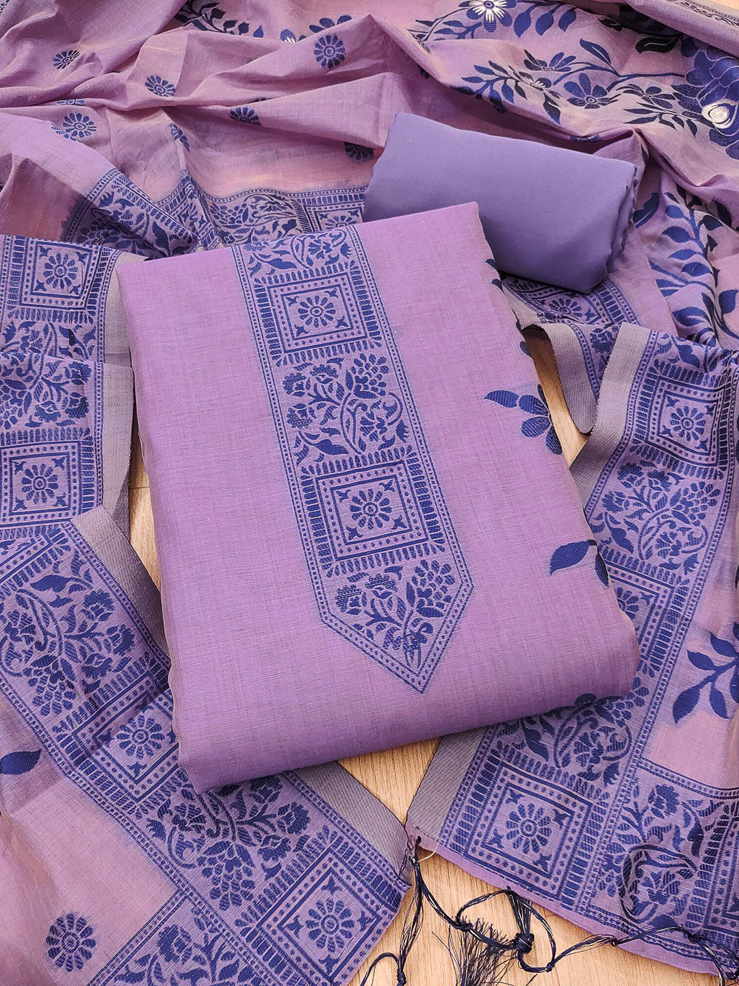 Purple Muga Cotton Woven Design Unstitched Dress Material