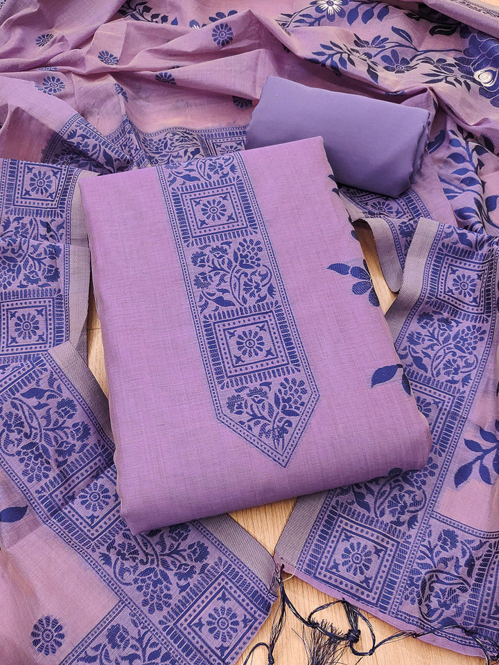 Purple Muga Cotton Woven Design Unstitched Dress Material