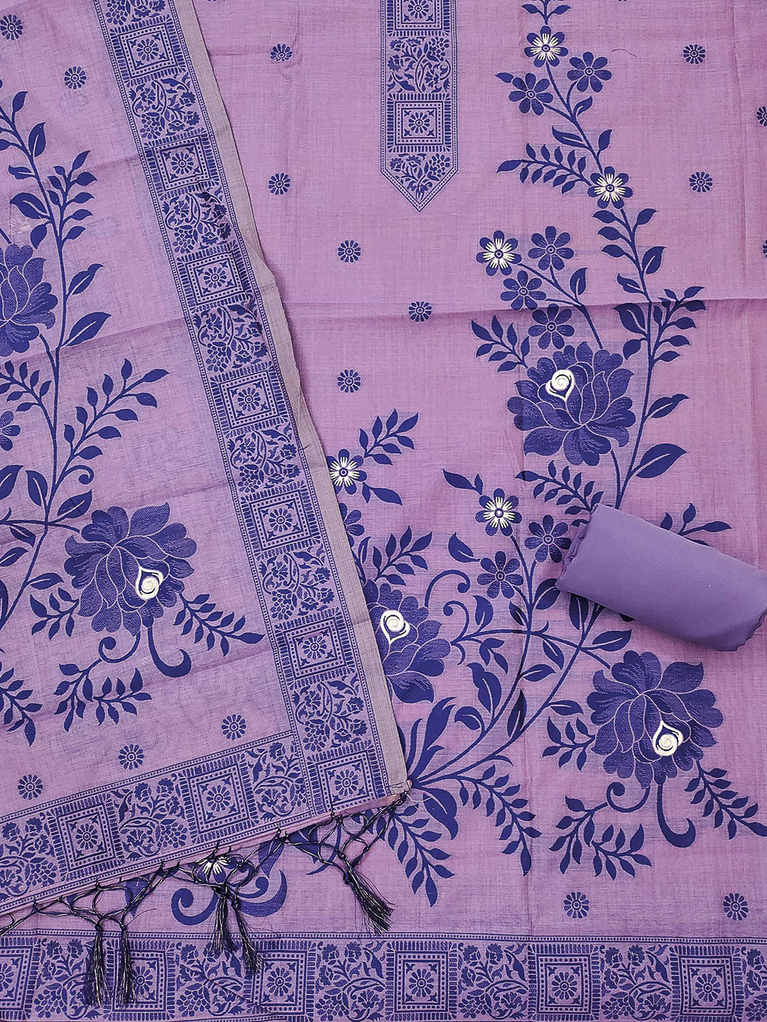 Purple Muga Cotton Woven Design Unstitched Dress Material