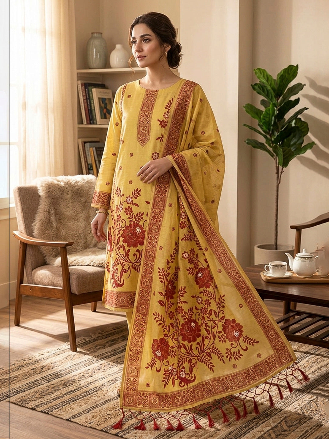 Yellow Muga Cotton Woven Design Unstitched Dress Material