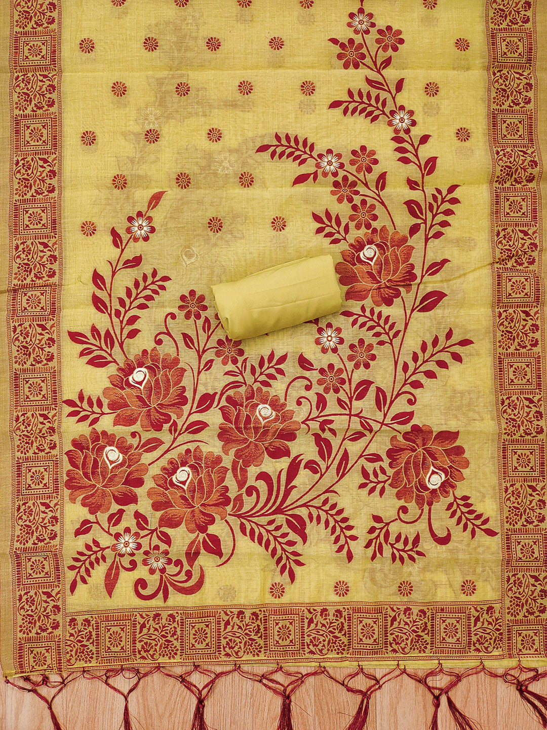 Yellow Muga Cotton Woven Design Unstitched Dress Material