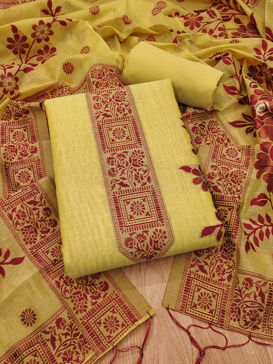 Yellow Muga Cotton Woven Design Unstitched Dress Material