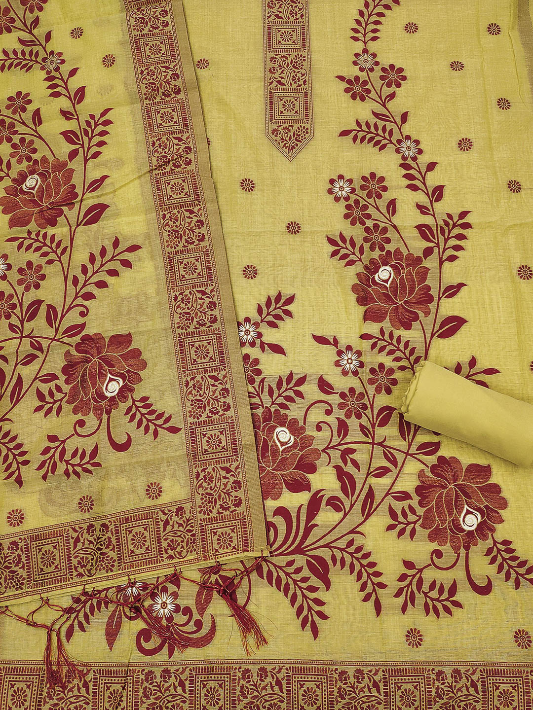 Yellow Muga Cotton Woven Design Unstitched Dress Material