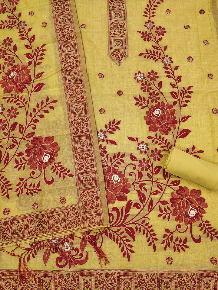 Yellow Muga Cotton Woven Design Unstitched Dress Material