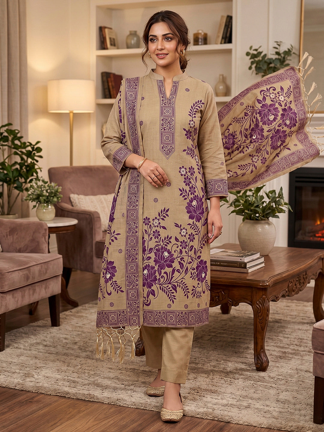 Chikoo Muga Cotton Woven Design Unstitched Dress Material