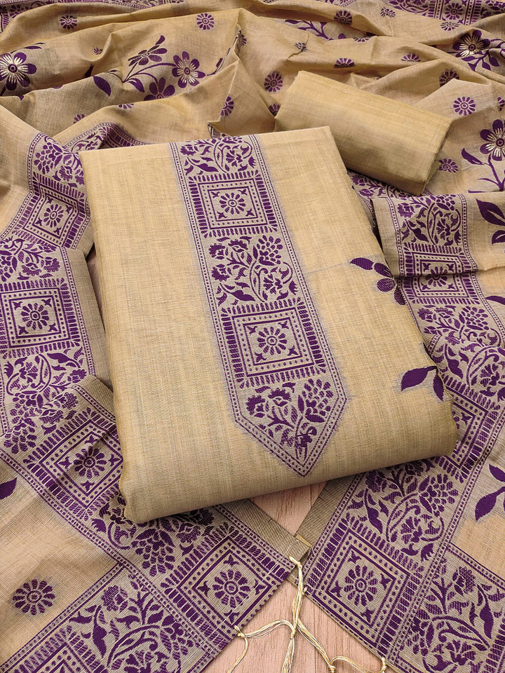 Chikoo Muga Cotton Woven Design Unstitched Dress Material