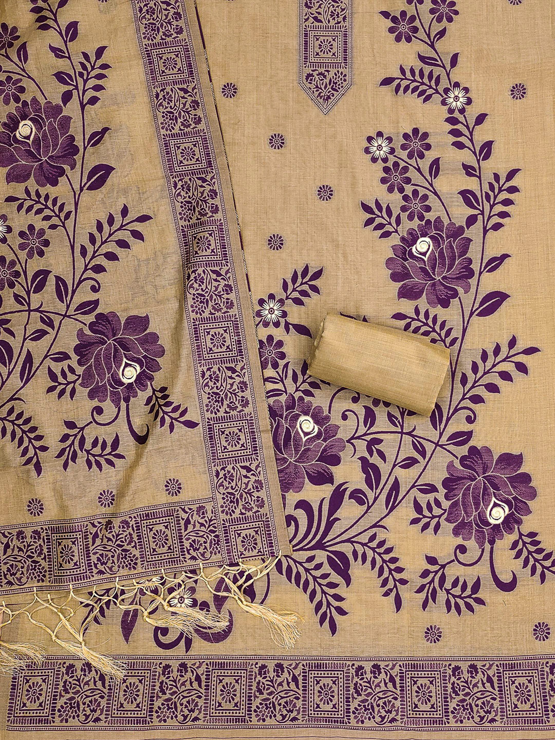 Chikoo Muga Cotton Woven Design Unstitched Dress Material