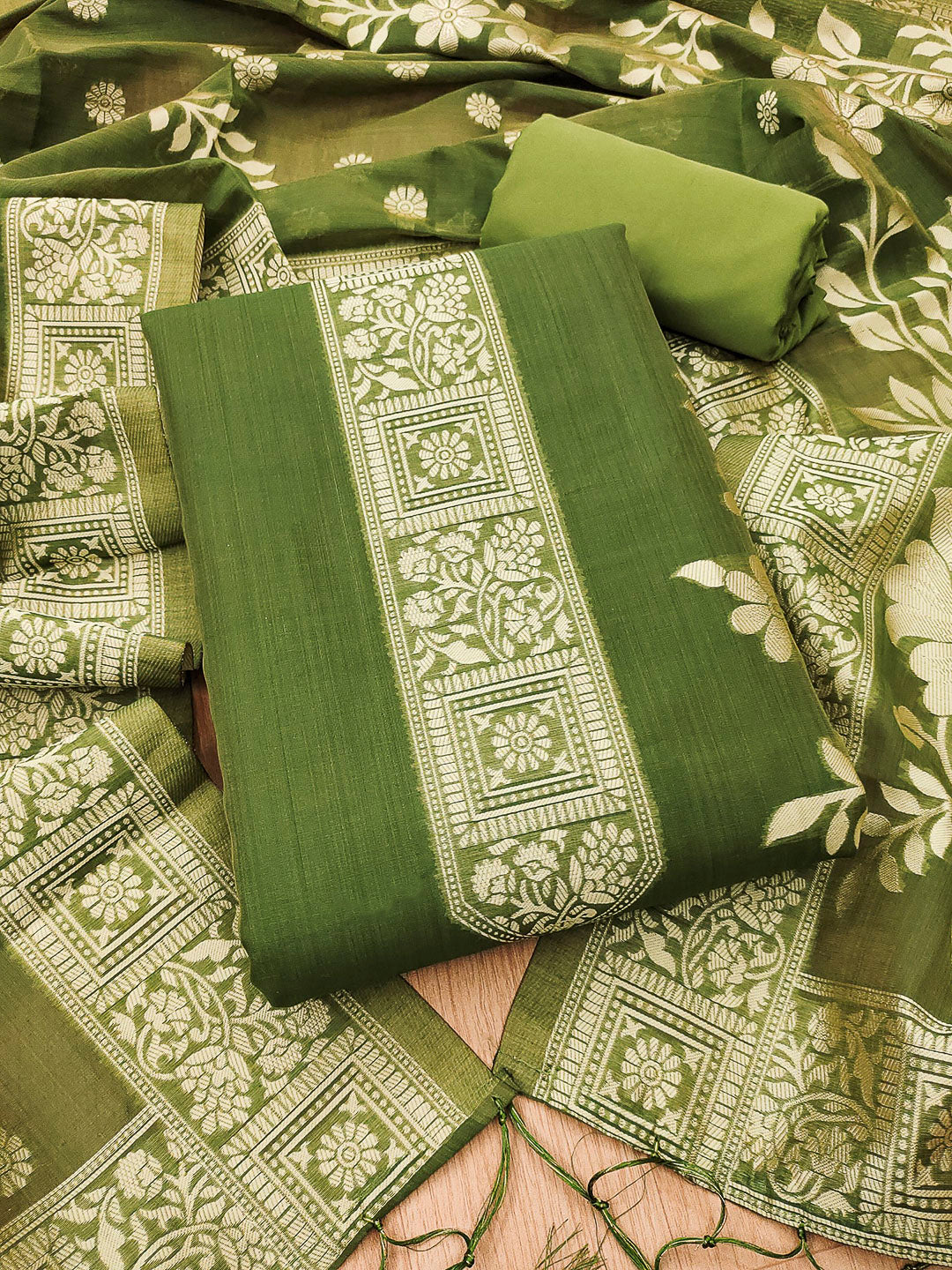 Mehndi Muga Cotton Woven Design Unstitched Dress Material