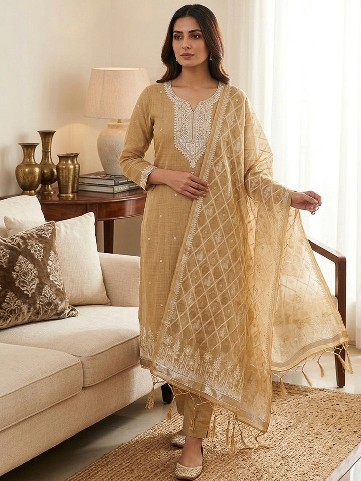 Cream Muga Cotton Woven Design Unstitched Dress Material