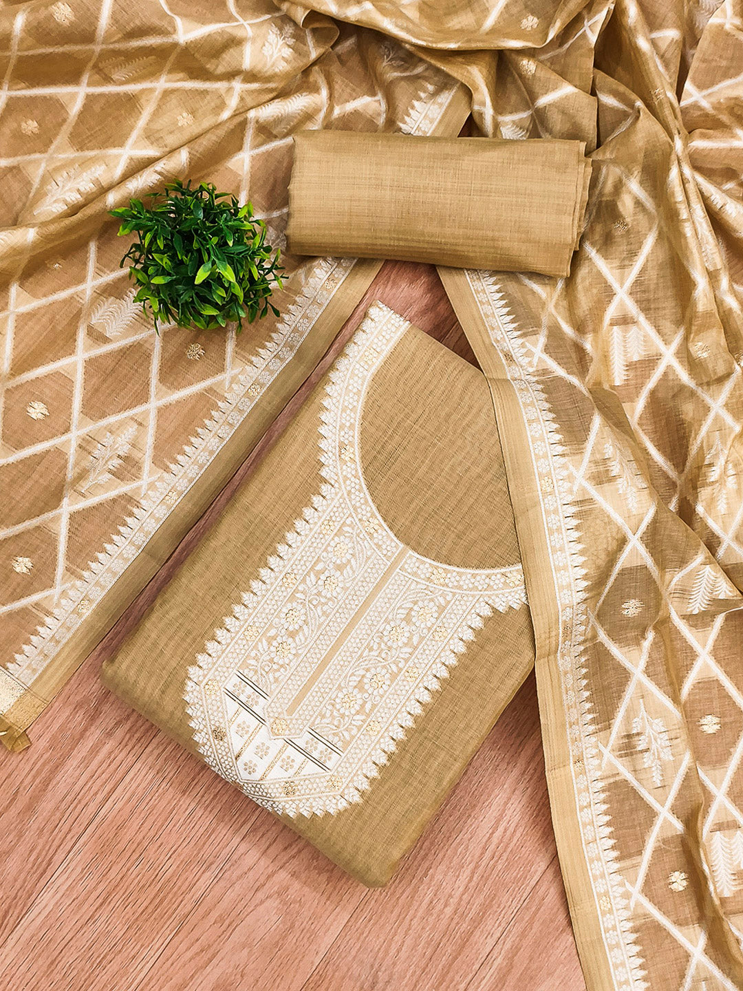 Cream Muga Cotton Woven Design Unstitched Dress Material