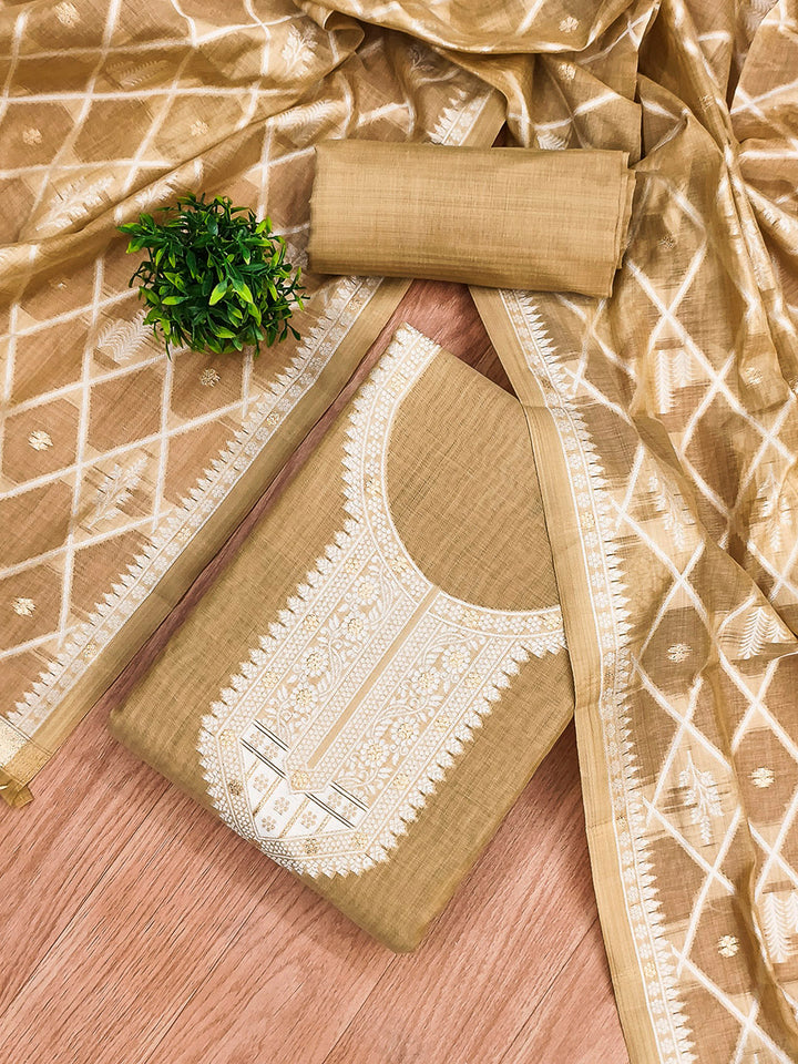 Cream Muga Cotton Woven Design Unstitched Dress Material
