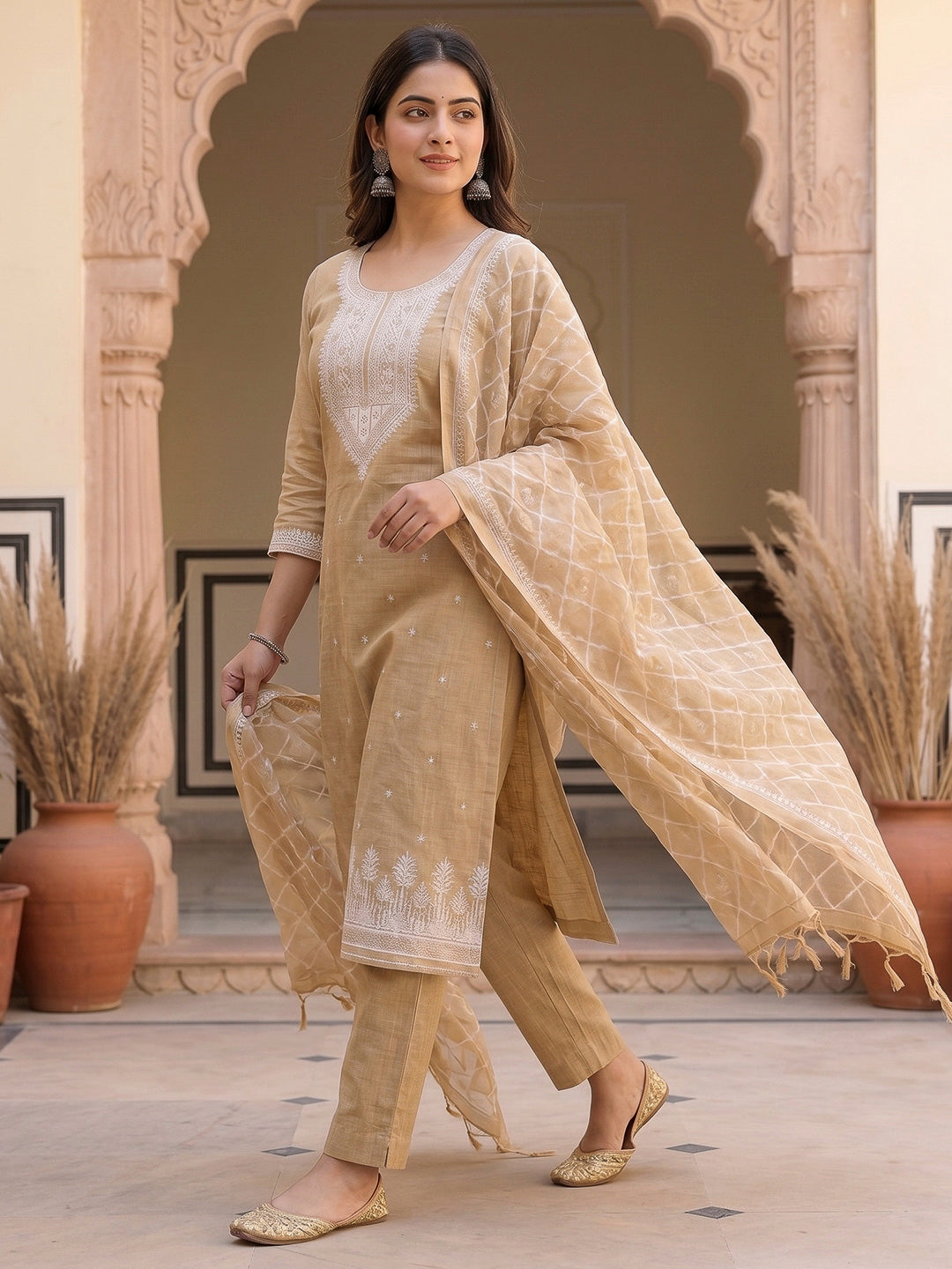 Cream Muga Cotton Woven Design Unstitched Dress Material
