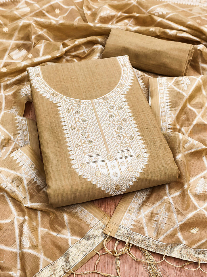 Cream Muga Cotton Woven Design Unstitched Dress Material