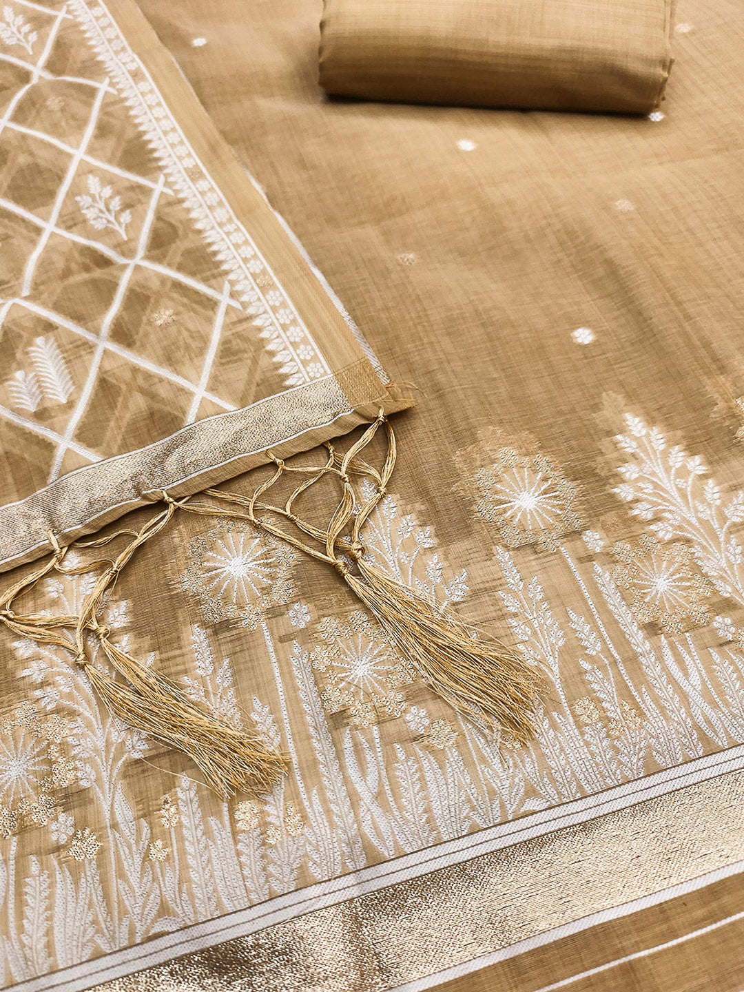 Cream Muga Cotton Woven Design Unstitched Dress Material