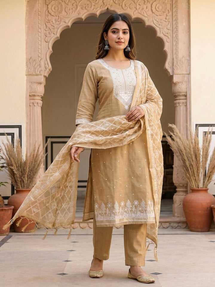 Cream Muga Cotton Woven Design Unstitched Dress Material