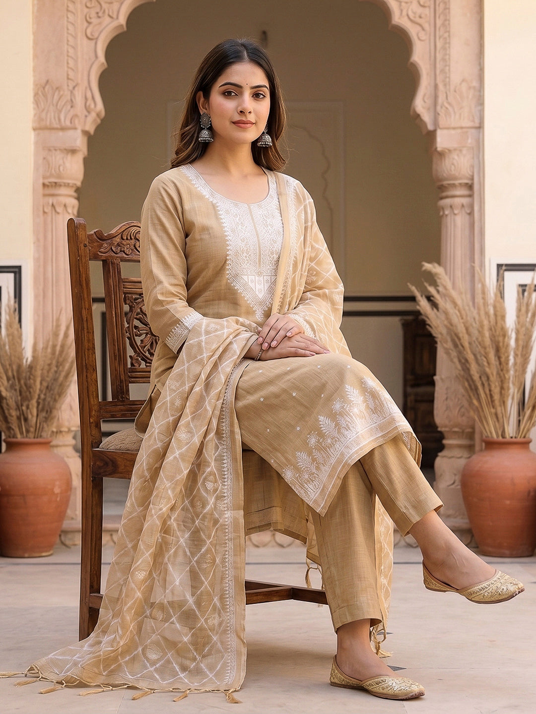 Cream Muga Cotton Woven Design Unstitched Dress Material