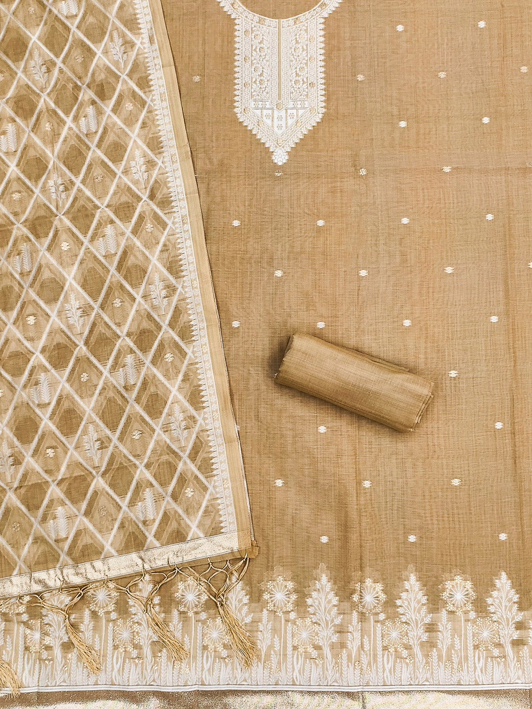 Cream Muga Cotton Woven Design Unstitched Dress Material