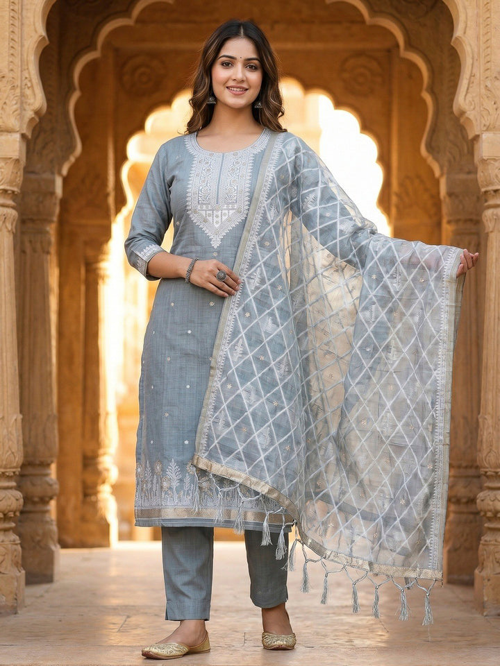 Grey Muga Cotton Woven Design Unstitched Dress Material