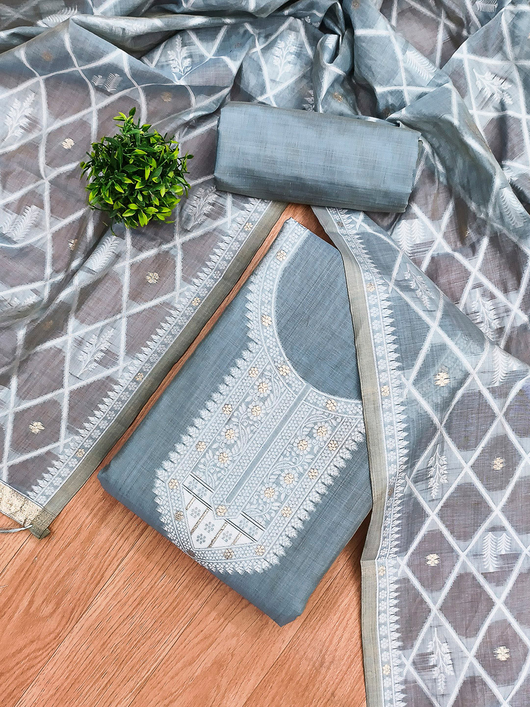 Grey Muga Cotton Woven Design Unstitched Dress Material