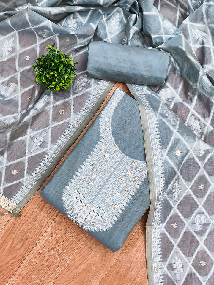 Grey Muga Cotton Woven Design Unstitched Dress Material