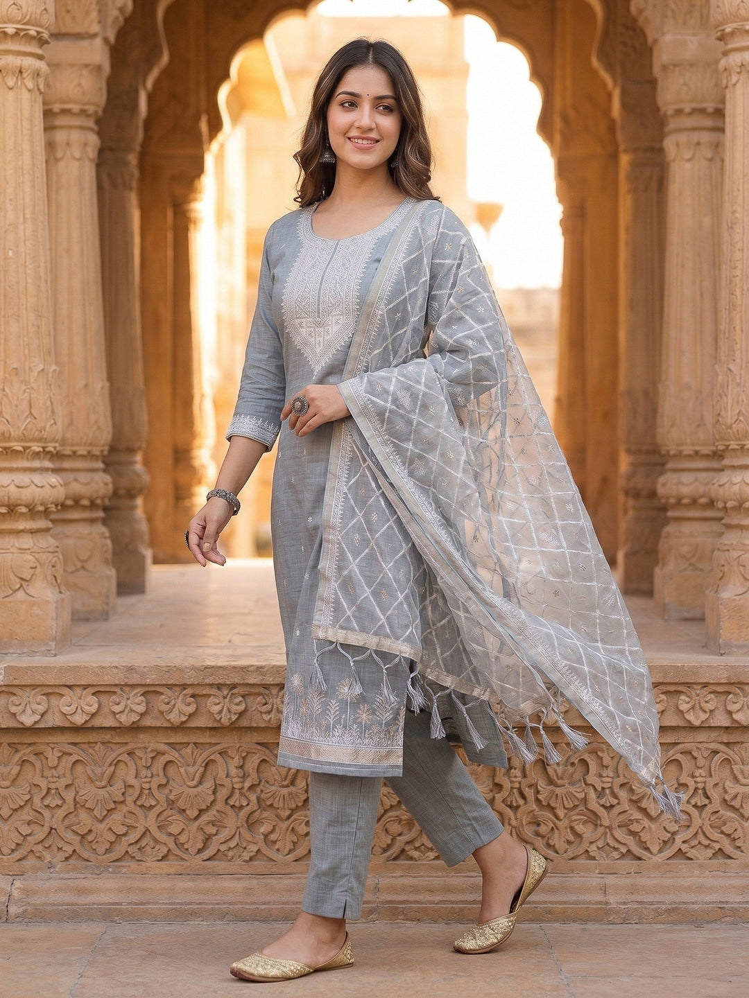 Grey Muga Cotton Woven Design Unstitched Dress Material