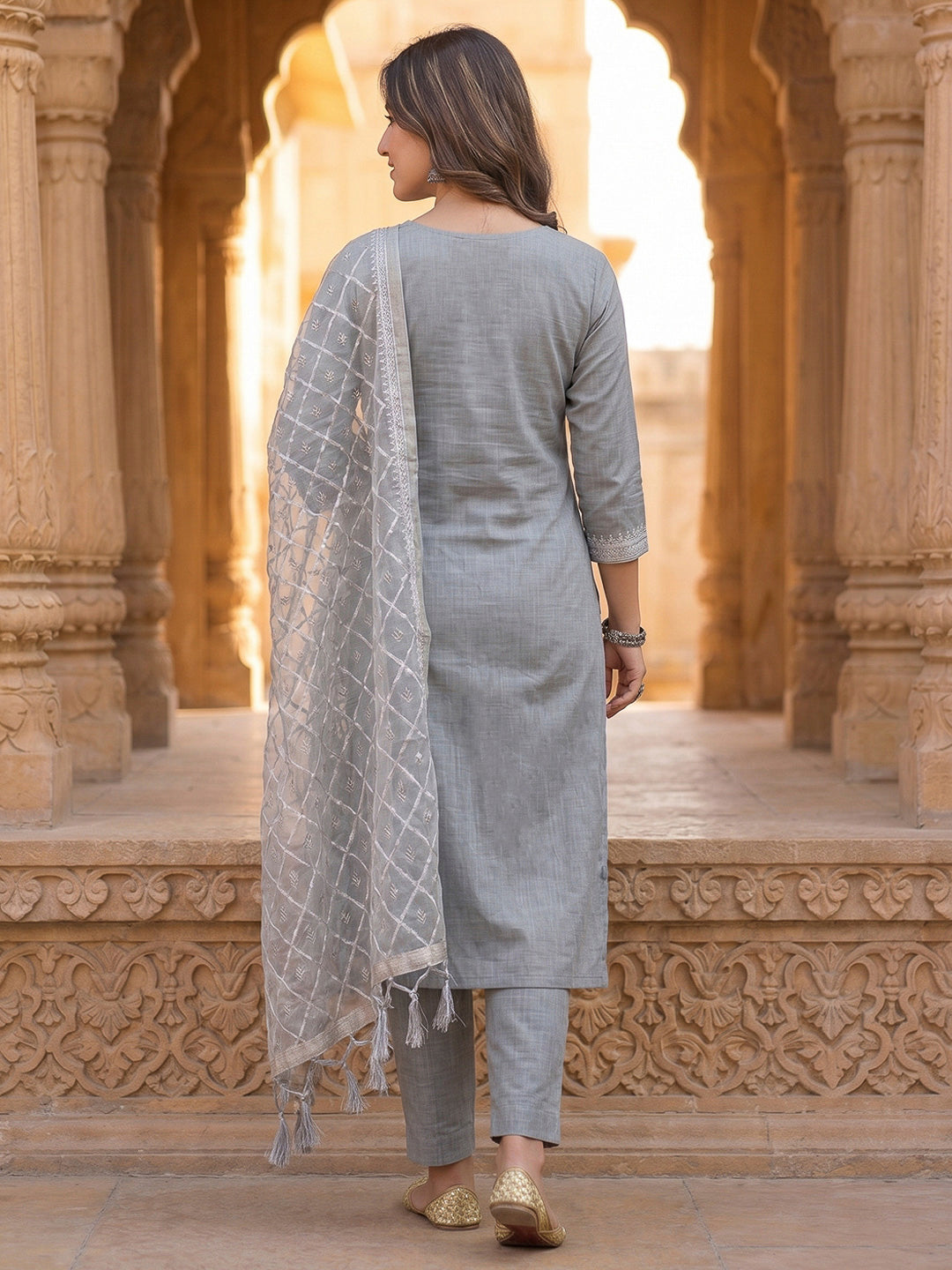 Grey Muga Cotton Woven Design Unstitched Dress Material