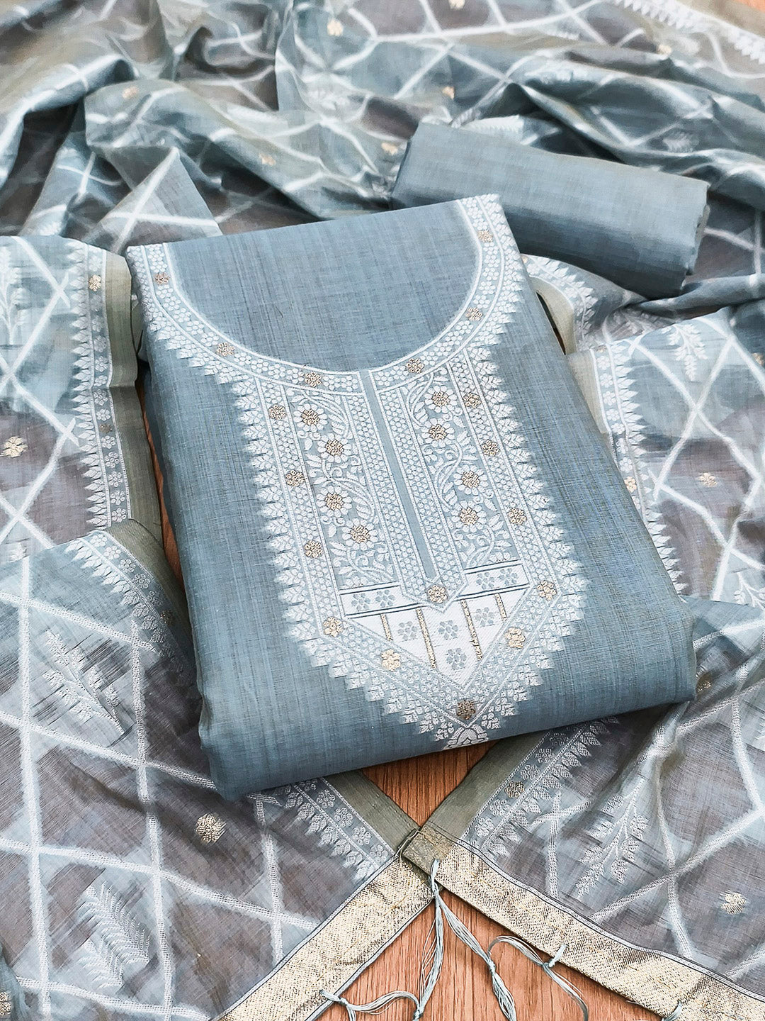 Grey Muga Cotton Woven Design Unstitched Dress Material