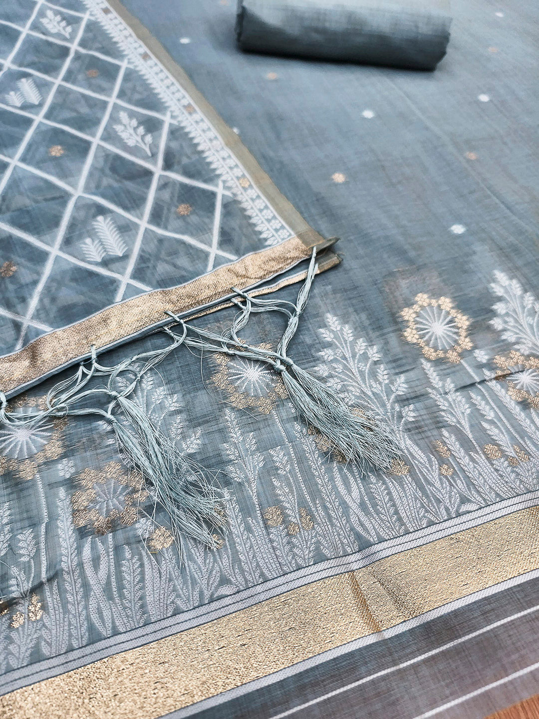 Grey Muga Cotton Woven Design Unstitched Dress Material