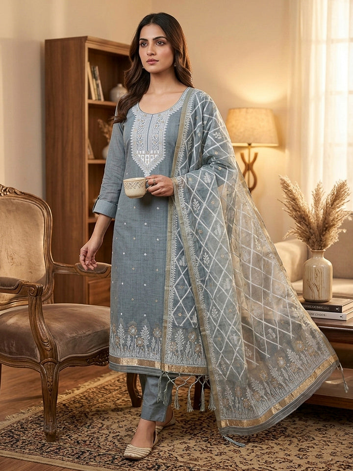 Grey Muga Cotton Woven Design Unstitched Dress Material