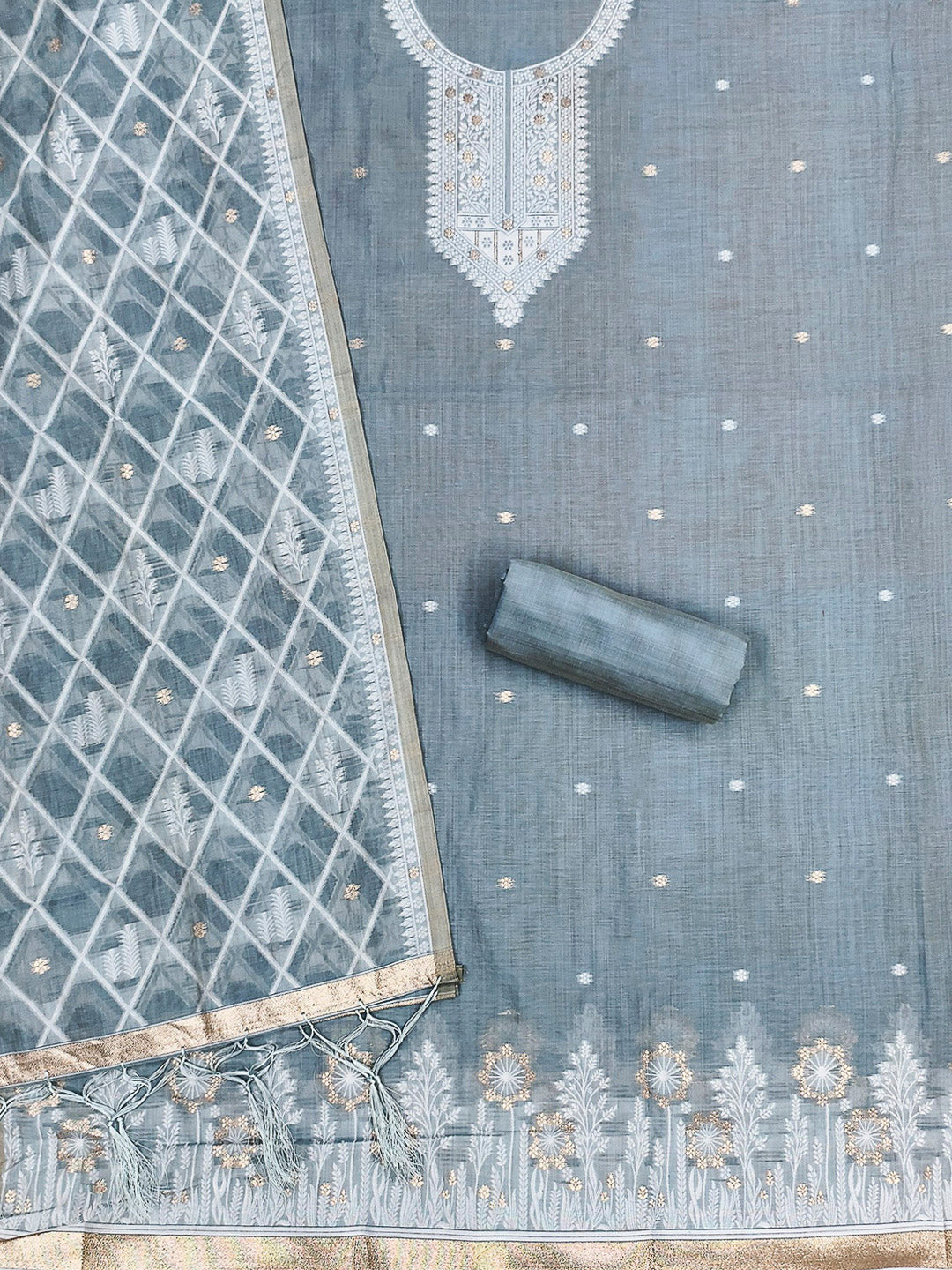 Grey Muga Cotton Woven Design Unstitched Dress Material