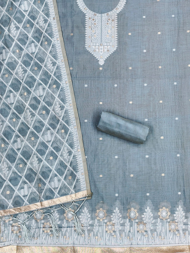 Grey Muga Cotton Woven Design Unstitched Dress Material