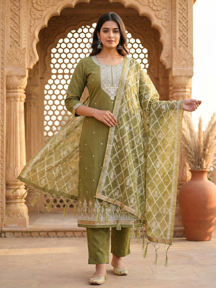 Mehndi Muga Cotton Woven Design Unstitched Dress Material