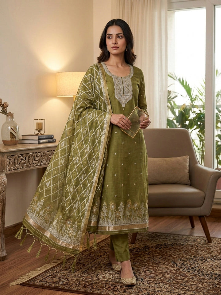Mehndi Muga Cotton Woven Design Unstitched Dress Material
