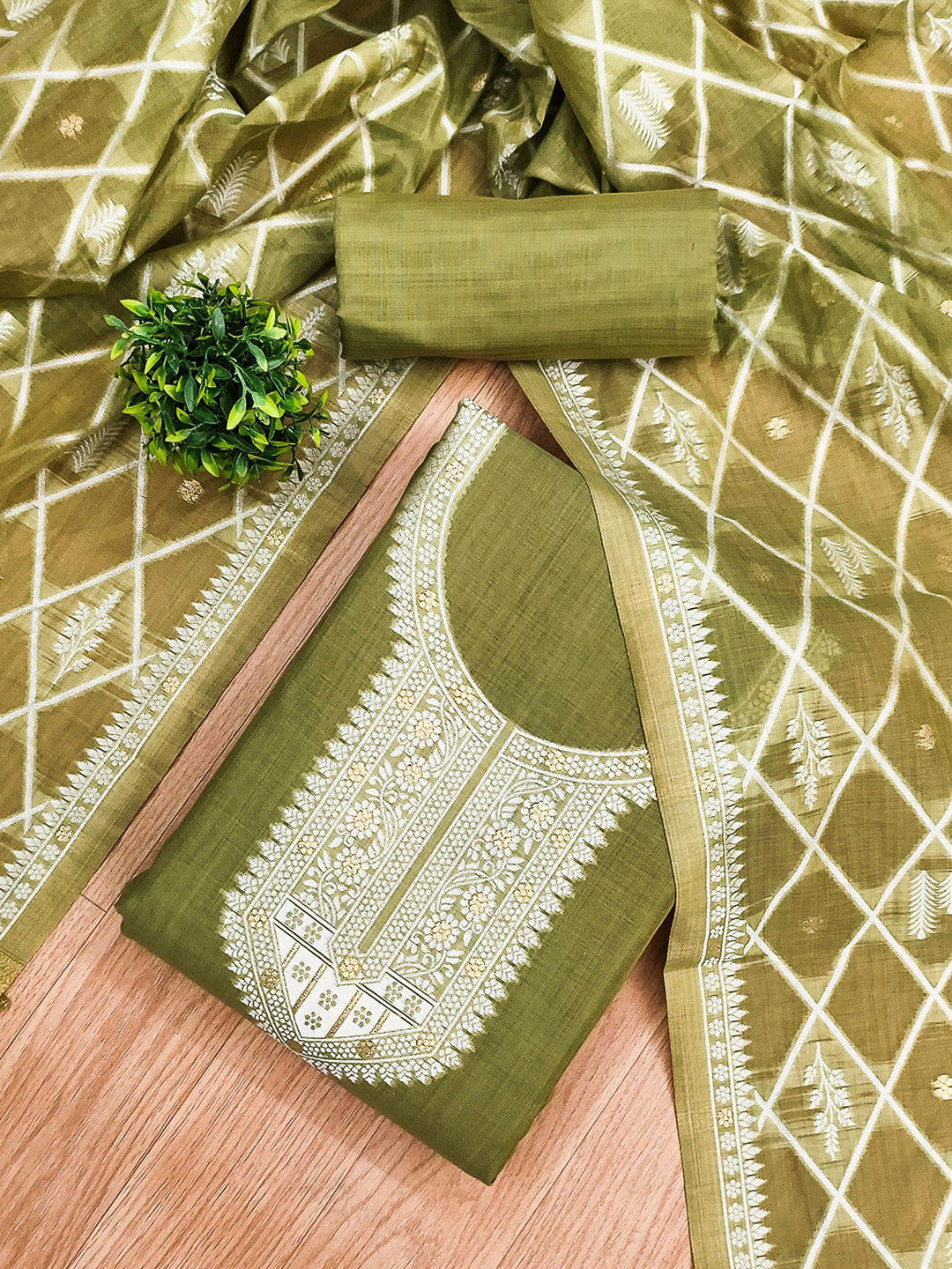Mehndi Muga Cotton Woven Design Unstitched Dress Material