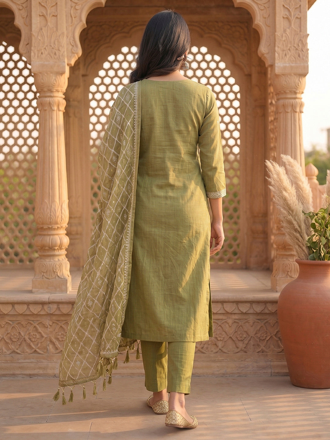 Mehndi Muga Cotton Woven Design Unstitched Dress Material