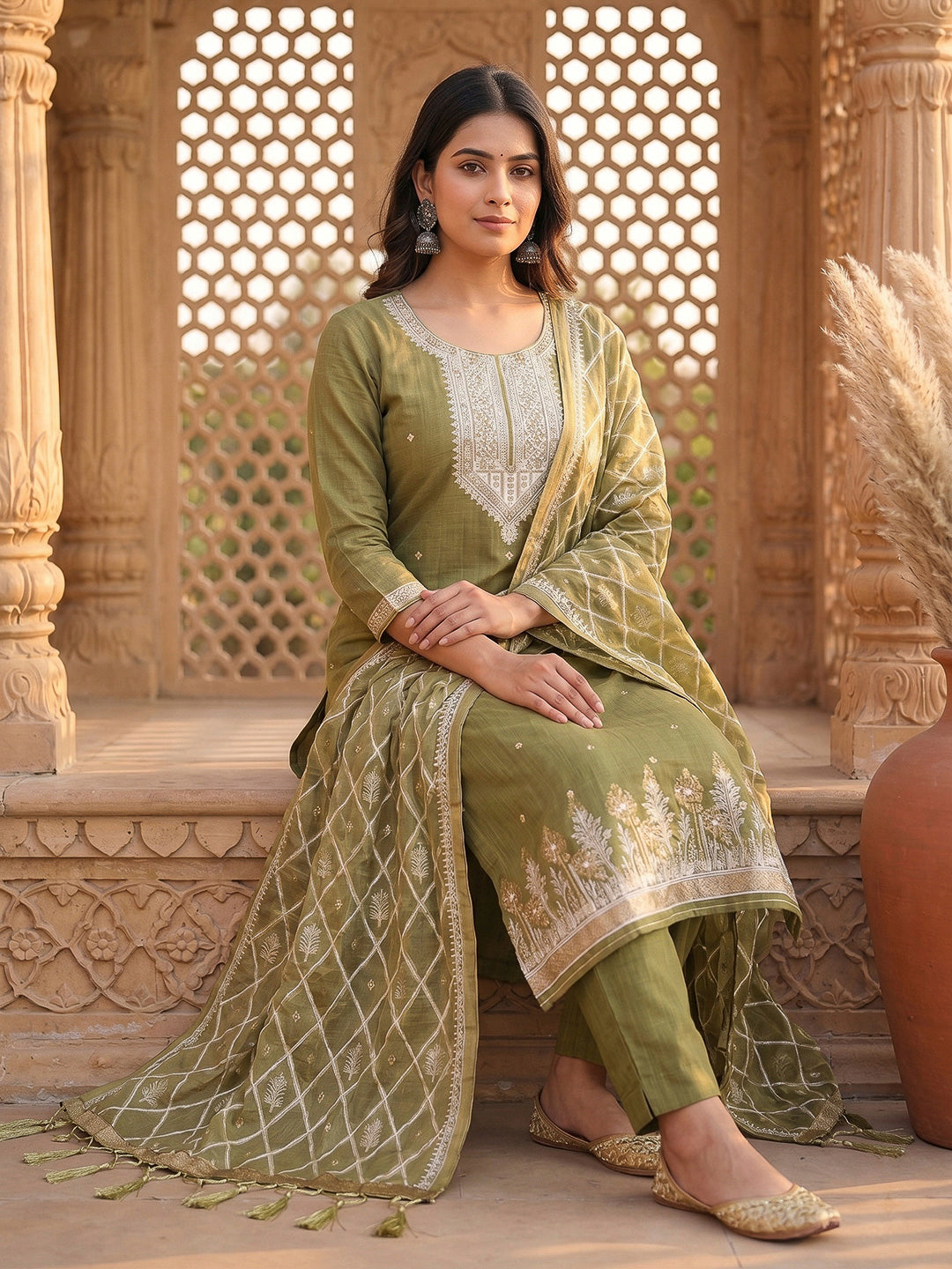 Mehndi Muga Cotton Woven Design Unstitched Dress Material